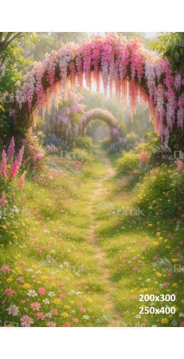 Tło fotograficzne kwiecista ścieżka z romantycznymi pergolami | E565